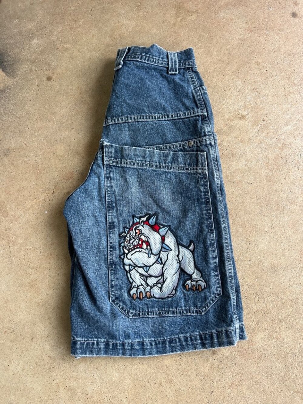 JNCO Jeans Vintage Denim Shorts Bulldog Embroidery Mens Size 36 Blue Wide-Leg B4